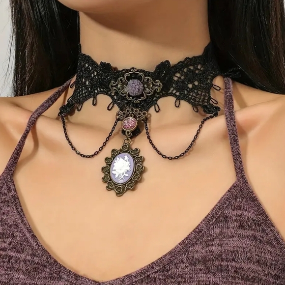 bold Goth Whimsigoth grunge Sexy fairy Black Lace Choker accessory Necklace - Picture 1 of 4